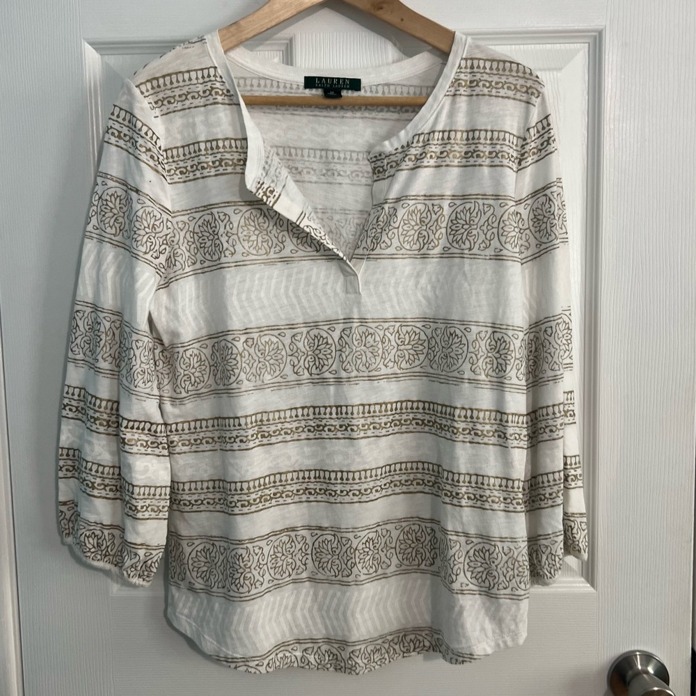 Ralph Lauren Womens Blouse Tan and Gray 3/4 Sleeve Mandarin Collar Boho Size Med